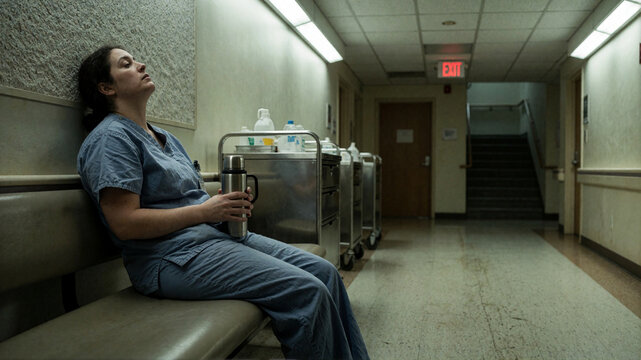 Exhausted female nurse or medical professional sleeping on a bench in a hospital corridor holding a thermos