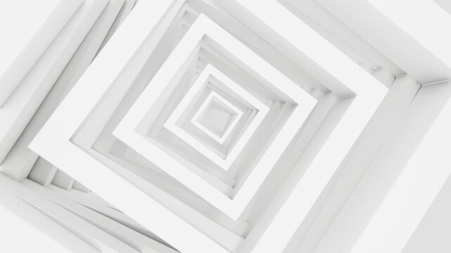 3D rendering of a looping animation of rotating white rectangular frames forming a spiral tunnel