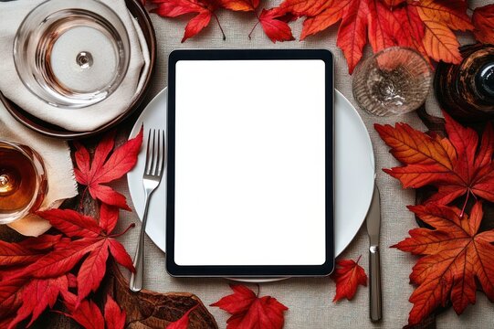 blank tablet on a plate at a cozy autumn table setting with fork and knife, wine glasses, stacked dishes and vibrant red fall leaves evoking a warm inviting seasonal mood