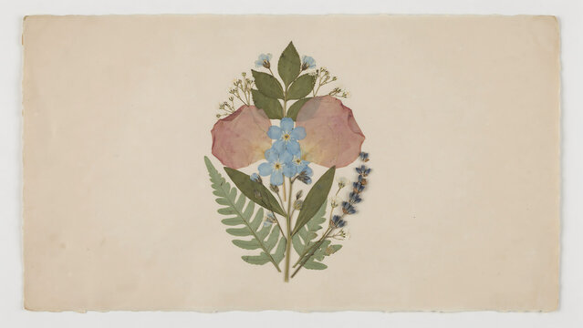 Vintage herbarium arrangement with pressed flowers and green leaves isolated on a transparent background