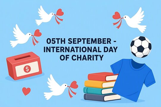 International Day of Charity educational flat infographic with doves money box books and clothing donation symbols