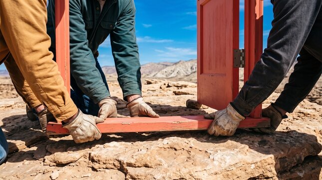 Moving hands settle a coral doorway on rocky ground