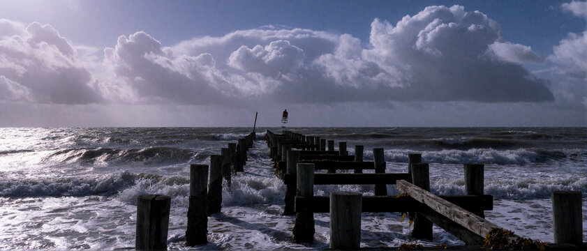 Stormy North Sea coast with wooden groynes and dramatic clouds