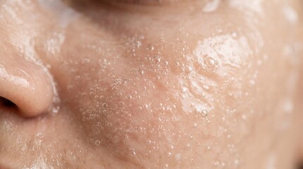 Fototapeta premium Extreme close up of human skin texture with visible pores and sweat droplets, showing ad social media download thambnail poster web template event festival 2026 2027 2028