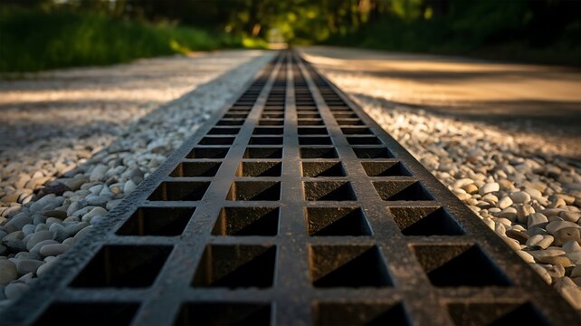 Perspective view of a long metal drainage grate running through a gravel path in a park setting during the golden hour with soft shadows cast
