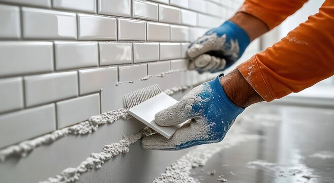Gloved hands smoothing fresh grout into white subway tile joints with a grout float, orange-sleeved worker focused on precise tiling work