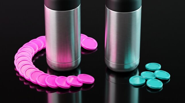 Matching water flasks framed by unequal payment piles