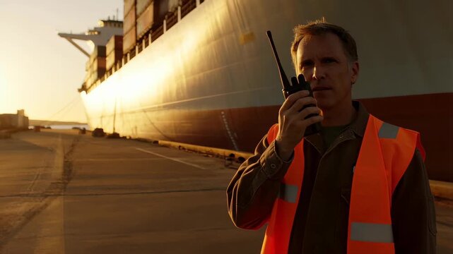 Dock worker in reflective vest communicating via radio at sunset