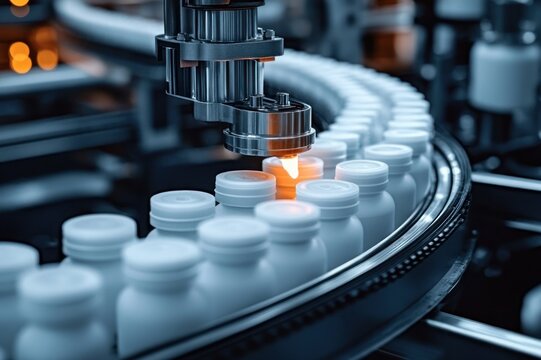 Robotic nozzle dispensing liquid into rows of white plastic bottles on a conveyor, conveying sterile high-tech precision and efficient industrial production