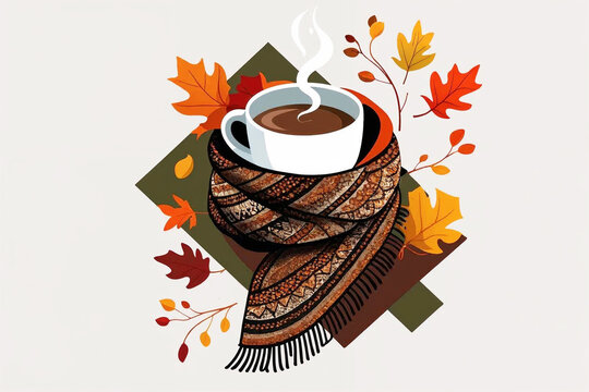 Graphic illustration of a warm autumn still life with a cup of coffee placed on a cozy scarf, surrounded by colorful fall leaves in orange, red, and yellow tones.