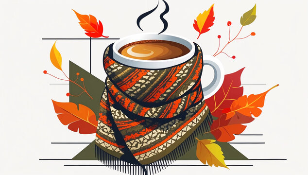 Graphic illustration of a warm autumn still life with a cup of coffee placed on a cozy scarf, surrounded by colorful fall leaves in orange, red, and yellow tones.