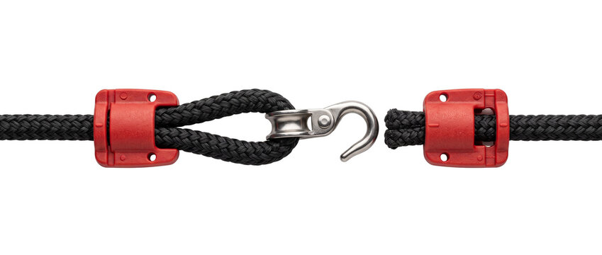 Black rope metal hook connection unhooked on white background representing gap separation strength failure security link system equipment industrial fastener detail object setup breakdown concept.