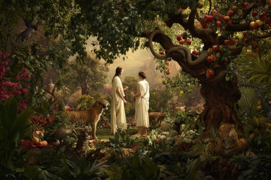     Adam and Eve in the Garden of Eden Before the Fall, Standing Beside the Tree of Knowledge as the Serpent Tempts Eve with the Forbidden Fruit