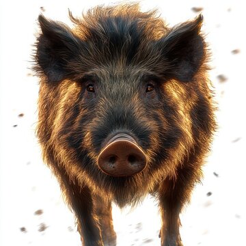 close-up portrait of a curious wild boar with sunlit bristly fur, alert eyes and floating dust motes conveying intensity and curiosity