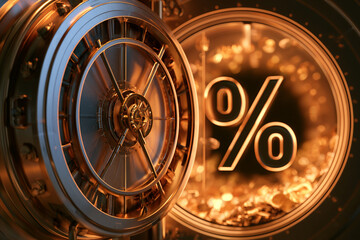 Naklejka premium Vault door percentage gold finance security bank safe wealth interest metallic circular lock money coin closing investment saving deposit financial economy risk asset protection secure treasure