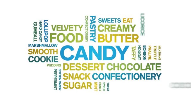 Candy animated word cloud-animation tag kinetic typography seamless loop.