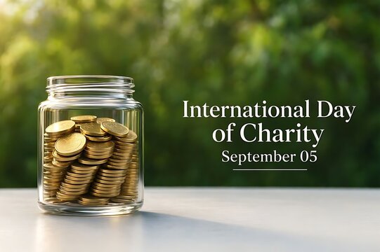 International Day of Charity background with gold coins stack inside glass jar on green natural background