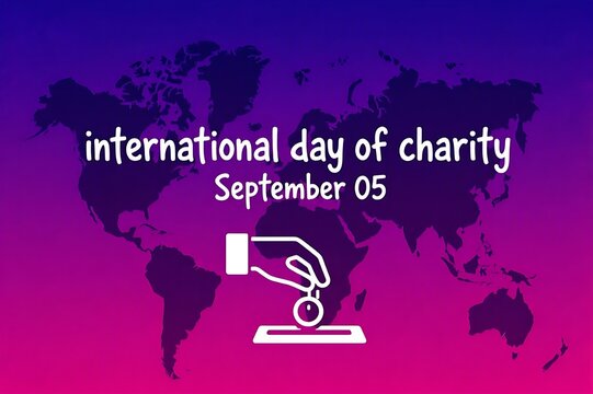 International Day of Charity banner with hand giving coin donation on purple world map background