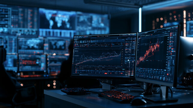 Financial trading market chart monitor data economy stock interest rate hikes financial trading market chart monitor data economy stock interest rate hikes guide analyst focus dark office with