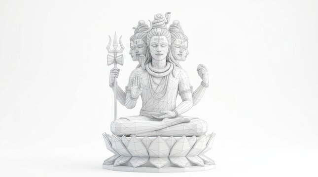 Meditating deity sculpture with multiple faces and trident