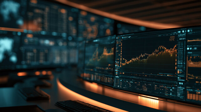 Financial chart trading screen market data interest rate hikes stock graph computer monitor office desk digital dashboard