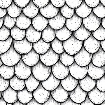 monochrome hand-drawn overlapping scallop scales with ink hatching and stippled texture, rhythmic and soothing pattern