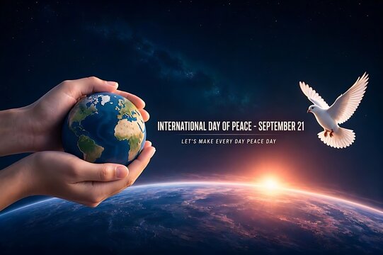 Cinematic International Day of Peace banner with hands holding earth globe and flying white dove at sunrise