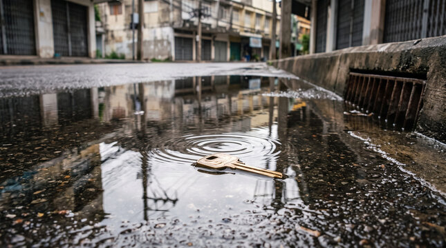 Dropped key in rain puddle with ripples
