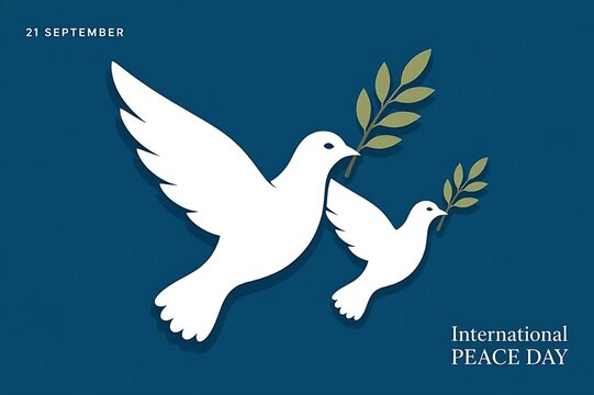 International Day of Peace flat background with flying white doves carrying olive branches on dark blue