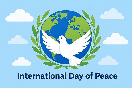 World Peace Day global vector illustration with white dove over earth globe surrounded by olive branches