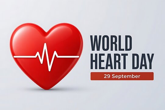 World Heart Day medical graphic template with glossy red 3D heart shape and white heartbeat pulse line