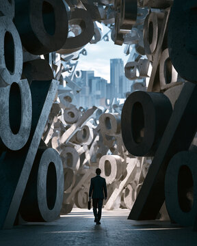 Interest rate hikes percent sign business finance economy inflation city interest rate hikes percent sign business finance economy inflation city surround lone man walking through giant symbols