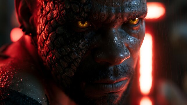 43. A dark, moody biopunk portrait of an outcast living in the slums. His face is partially covered in a skin-graft patchwork of reptile scales, looking directly at the camera with intense, 