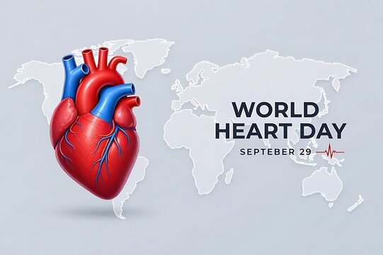 World Heart Day poster with detailed 3D anatomical human heart model on world map background