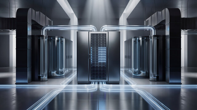 Futuristic Dark Matte Data Center Server Room with Glowing Digital Network Streams