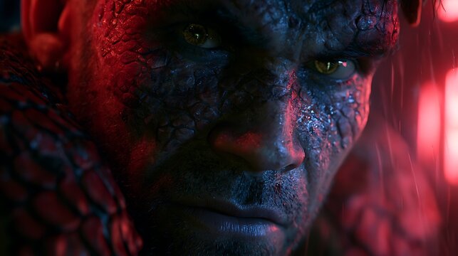 43. A dark, moody biopunk portrait of an outcast living in the slums. His face is partially covered in a skin-graft patchwork of reptile scales, looking directly at the camera with intense, 