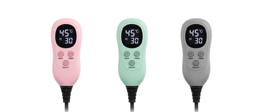 Digital heating pad remote control set on white background featuring pink green grey temperature controllers with LCD display screen timer heat settings for electric blanket therapy wellness device