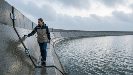 Naklejka premium Woman walking along a curved concrete sea wall or dam on a cloudy day