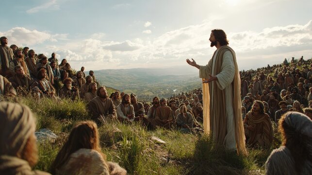     Jesus Teaching the Sermon on the Mount as Thousands Gather Across a Peaceful Hillside, Sharing the Beatitudes Beneath Soft Morning Sunlight