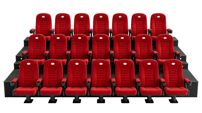 Red theater seats in an empty auditorium with natural lighting isolated on transparent background