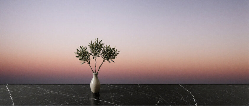 Start Again Today - Minimalist olive branch in vase on marble table against gradient background