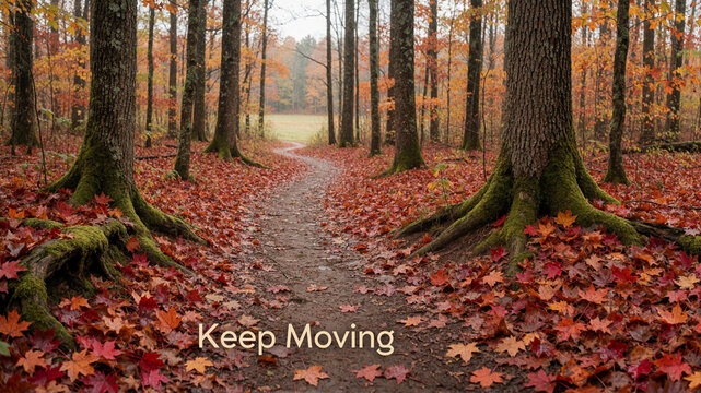 Keep Moving, autumn forest path, motivational quote, fall leaves, nature walk, trees, moss, inspiration