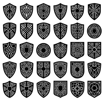 Set of thirty unique black shield featuring intricate geometric patterns and heraldic for branding projects