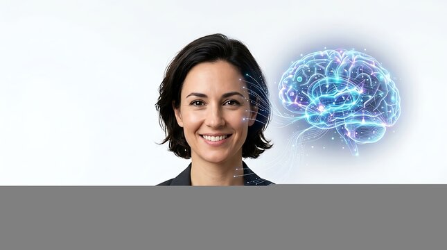 Smiling businesswoman thinking about digital technology and artificial intelligence with a glowing human brain illustration floating beside her head in a professional office