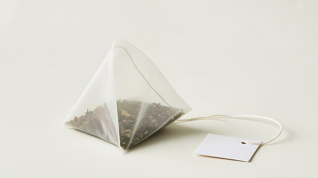 Pyramid tea bag with dry leaves and blank paper label