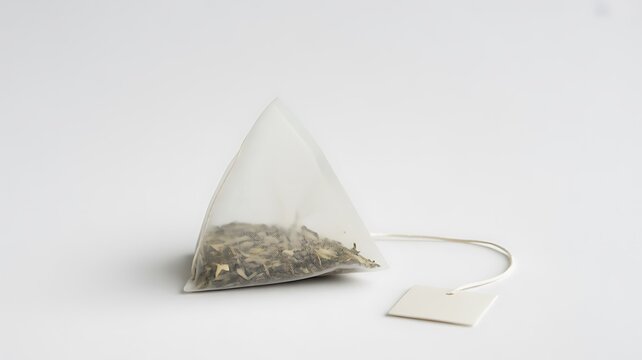 Pyramid tea bag with dry green tea leaves
