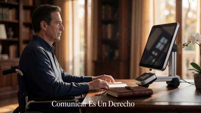 Comunicar Es Un Derecho - Man in wheelchair using assistive communication device