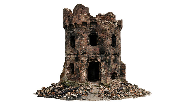 Ancient stone castle ruins surrounded by dark volcanic rocks isolated on transparent background