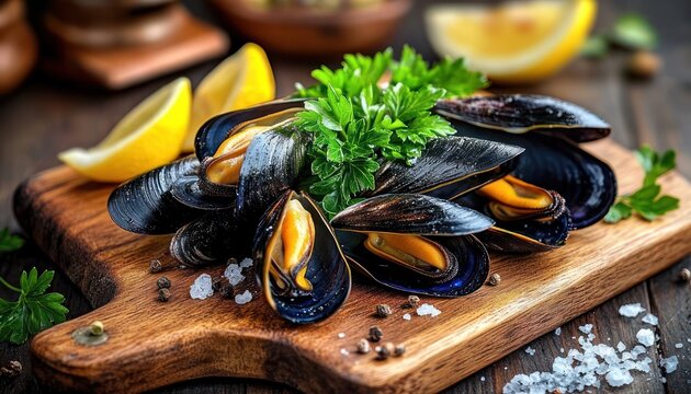Mouthwatering steamed mussels with glossy black shells on a rustic wooden board, garnished with fresh parsley, lemon wedges, coarse sea salt and peppercorns
