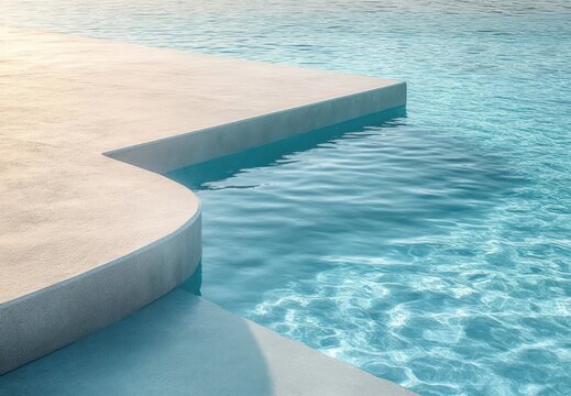 Minimal modern pool edge with curved concrete deck and sparkling blue water, calm serene summer atmosphere